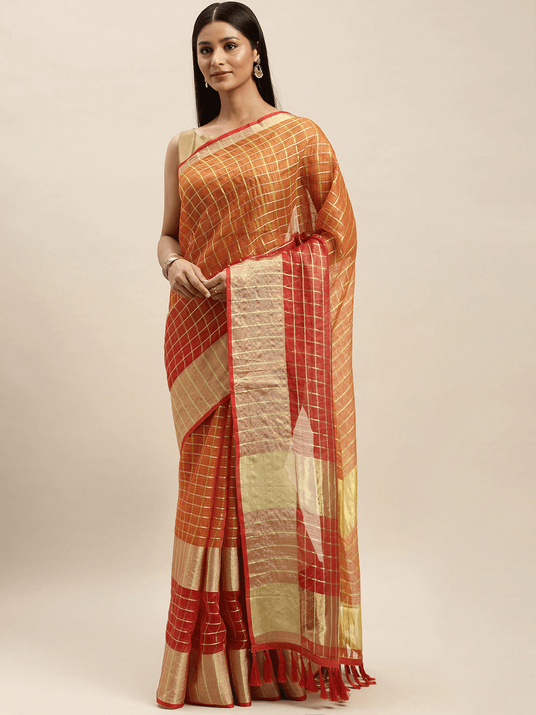 Orange Kota Doria Zari Butti Festive Wear Saree by My Store