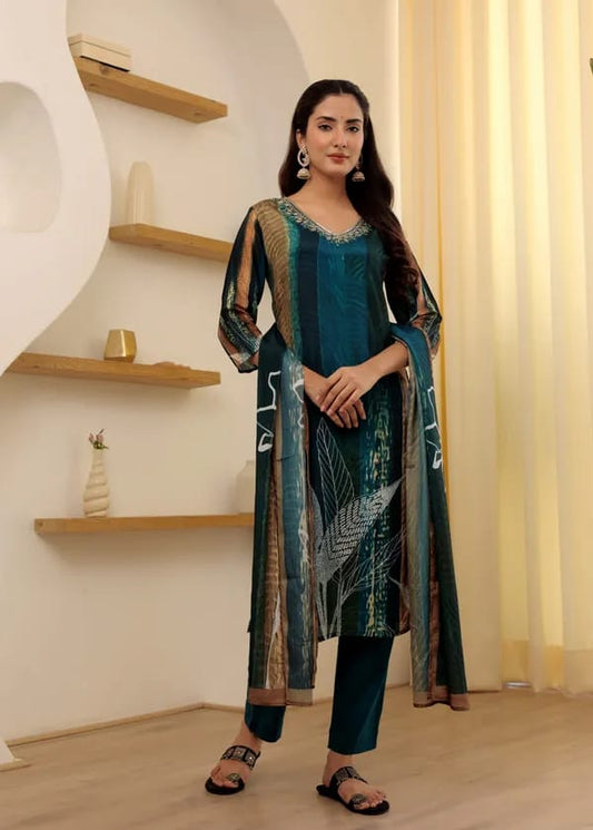 Rayon Embroidered Turquoise Kurta Set