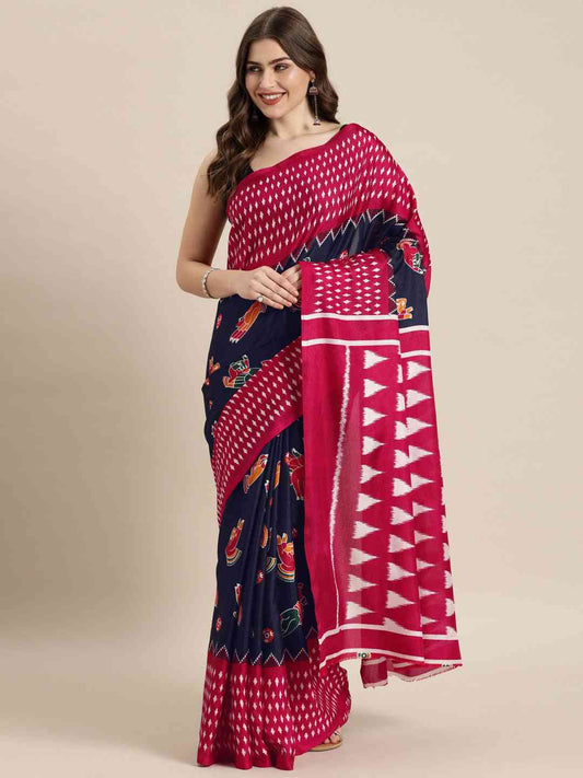Stylish Navy Blue Colour Linen Kalamkari Print Saree by My Store