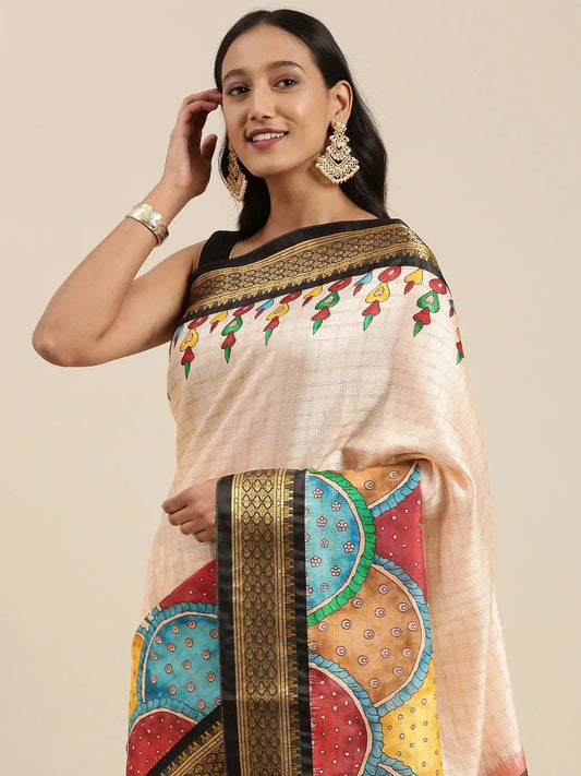White Uppada Silk Kalamkari Digital Print Saree