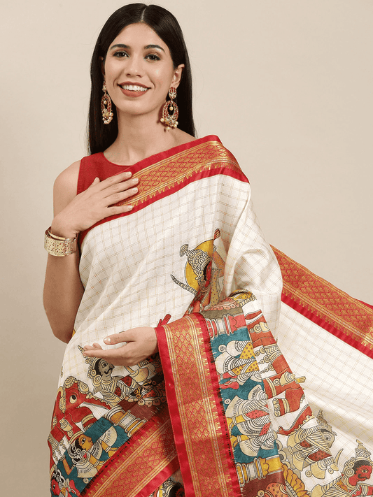 Red Uppada Silk Kalamkari Digital Print Saree by My Store
