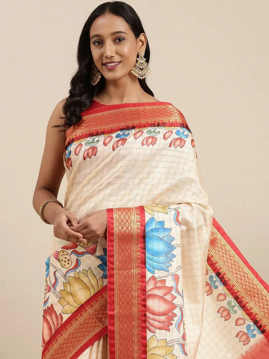 Red Colour Kalamkari Digital Print Uppada Silk Saree by My Store