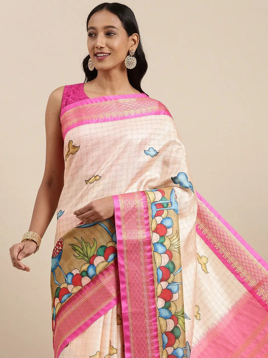 Pink Colour Kalamkari Digital Print Uppada Silk Saree by My Store