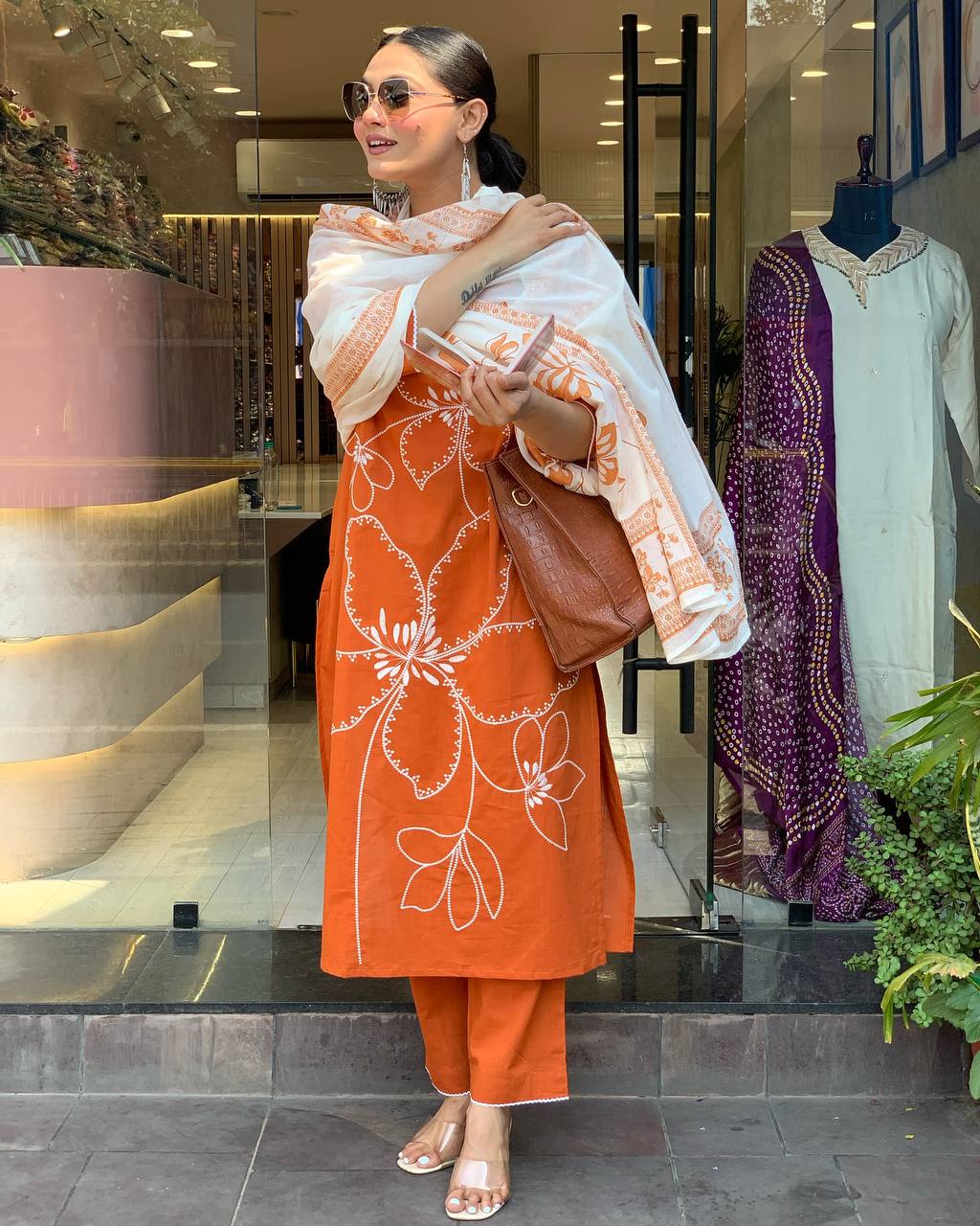 "Festive Radiance: Rust Orange Silk Kurta Set with Banarasi Dupatta"
