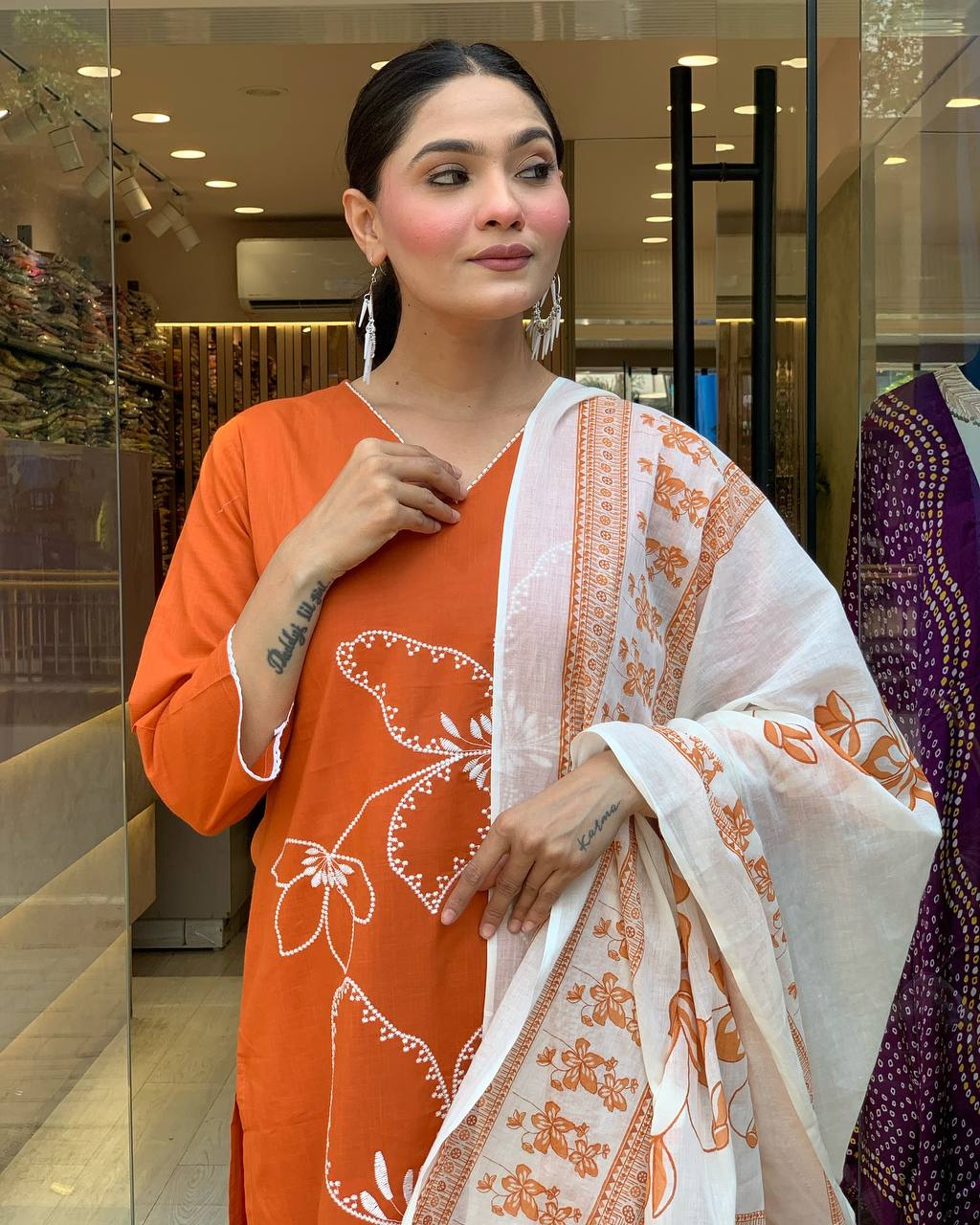 "Festive Radiance: Rust Orange Silk Kurta Set with Banarasi Dupatta"