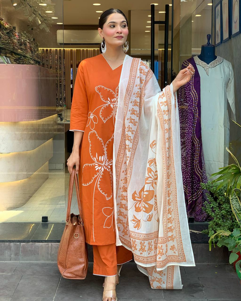 "Festive Radiance: Rust Orange Silk Kurta Set with Banarasi Dupatta"