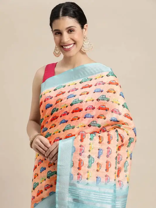 Beautiful Digital Trendy Car Print Soft Linen Saree