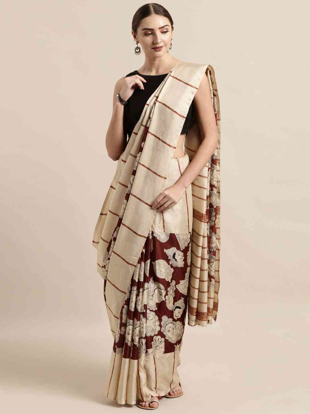 Linen Kalamkari Printed Chanderi Saree by My Store