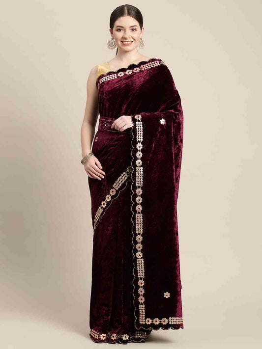 Velvet Aari Work Maroon Colour Cut Work Saree