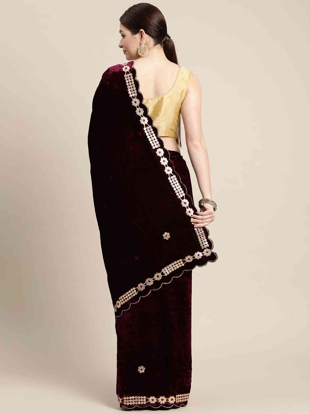 Velvet Aari Work Maroon Colour Cut Work Saree