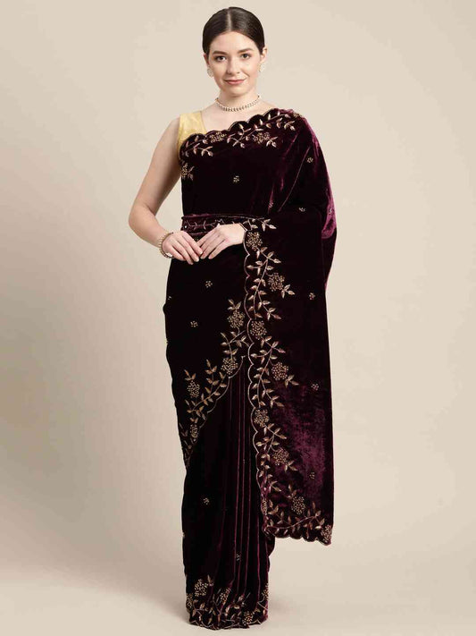 Stylish Burgundy Colour Aari Work Velvet Saree by My Store