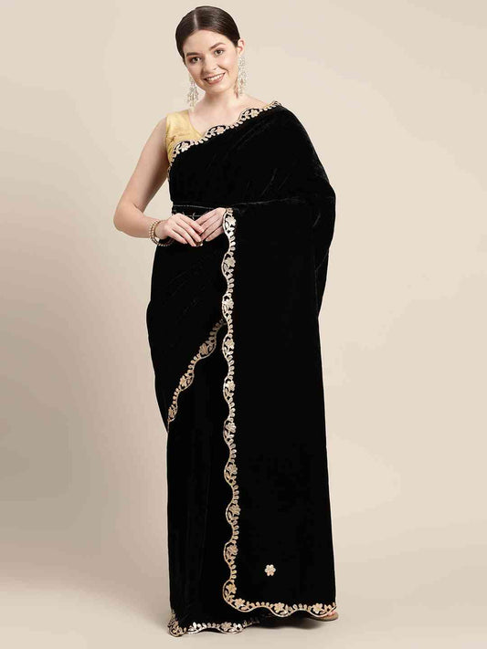 Stylish Embroidered With Ethnic Motifs Velvet Saree by My Store