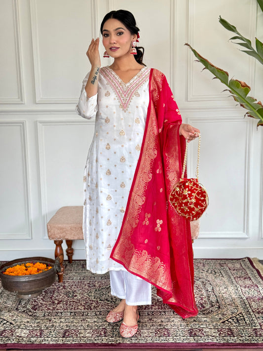 Pure White jaquard Kurta Set – Classic Comfort & Sophistication