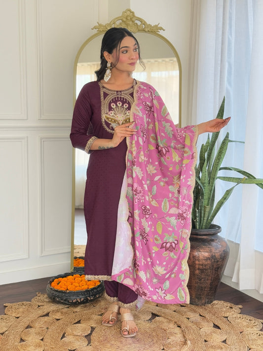 Trending Wear Rich Wine Kurta Set with Dupatta