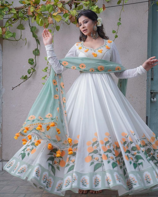White Color Embroidery Work & Digital Printed Gown by My Store