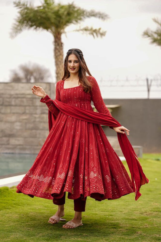 Embellished Red Color Sequence Work Gown by My Store