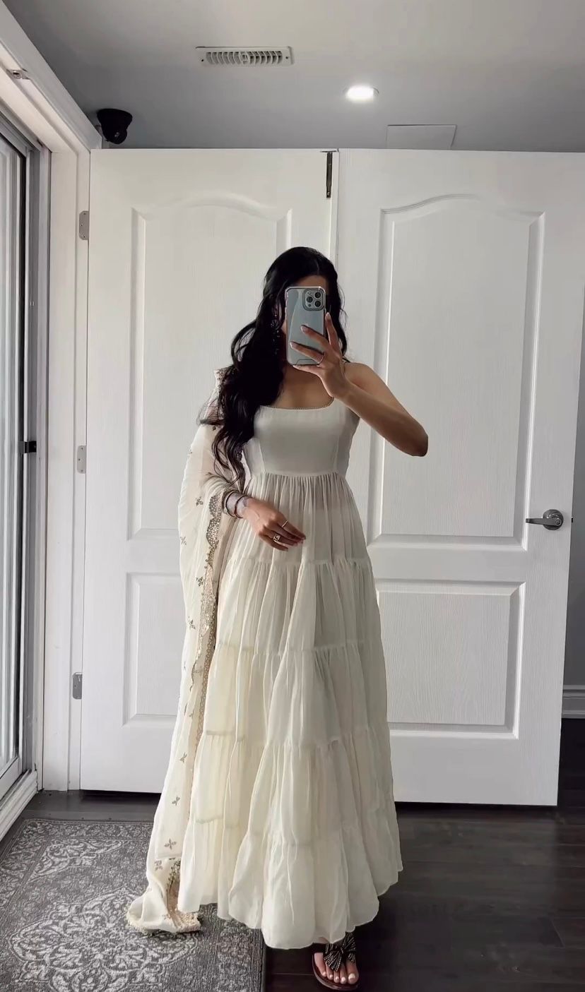 Outstanding White Color Ruffle Anarkali Gown by My Store