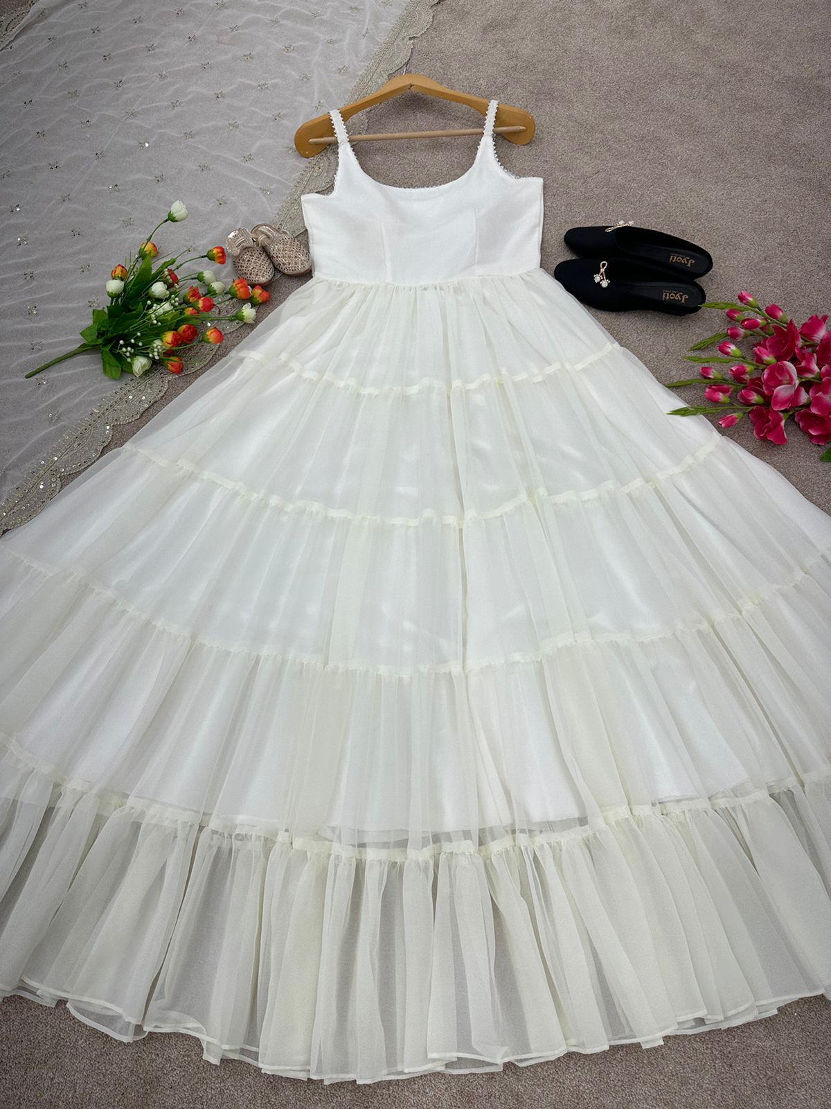 Outstanding White Color Ruffle Anarkali Gown by My Store