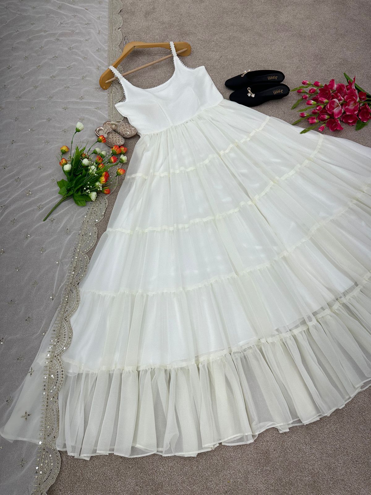 Outstanding White Color Ruffle Anarkali Gown by My Store