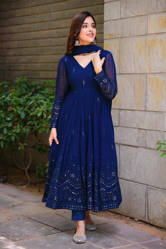 Glimmering Blue Color Sequence Thread Work Anarkali Gown by My Store