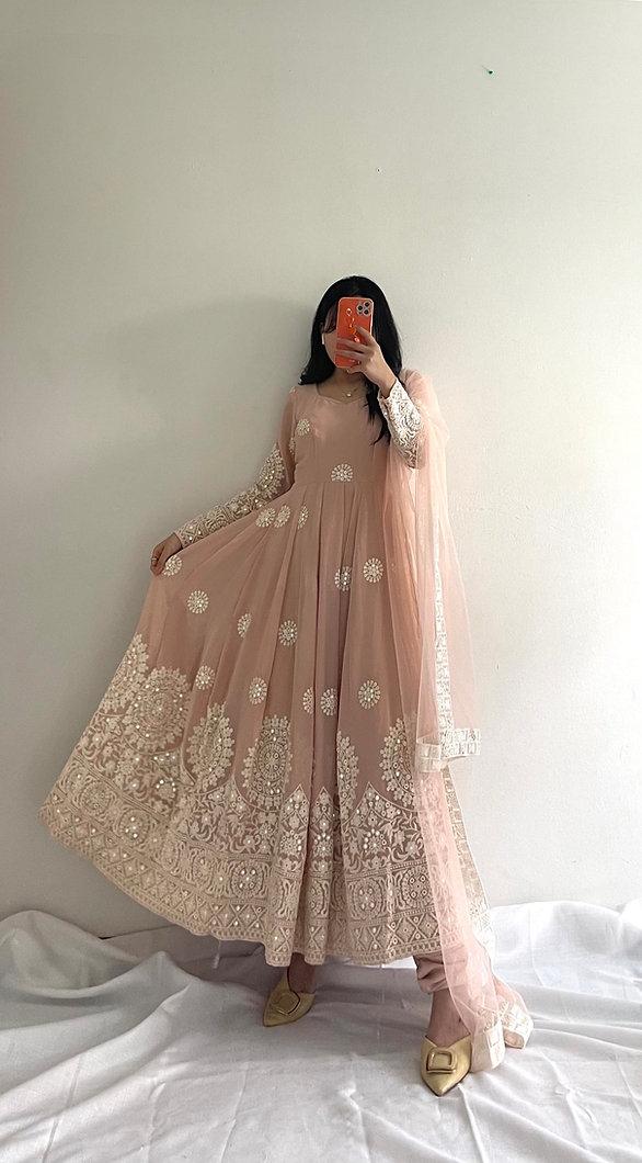 Classic Peach Color Embroidery Work Anarkali Gown by My Store
