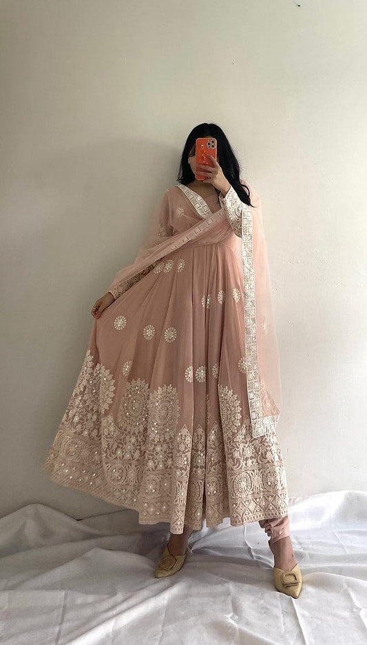 Classic Peach Color Embroidery Work Anarkali Gown by My Store