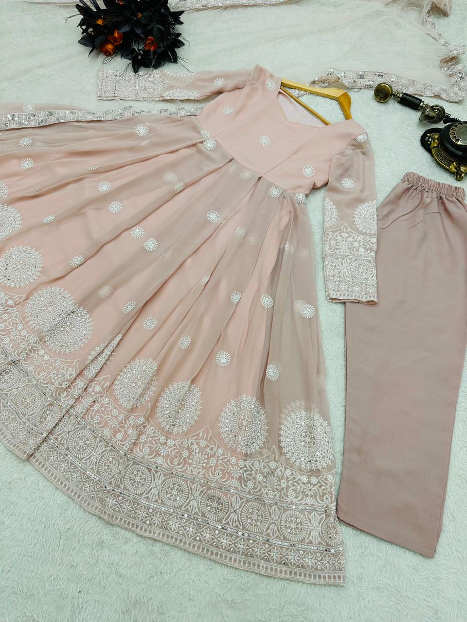 Classic Peach Color Embroidery Work Anarkali Gown by My Store