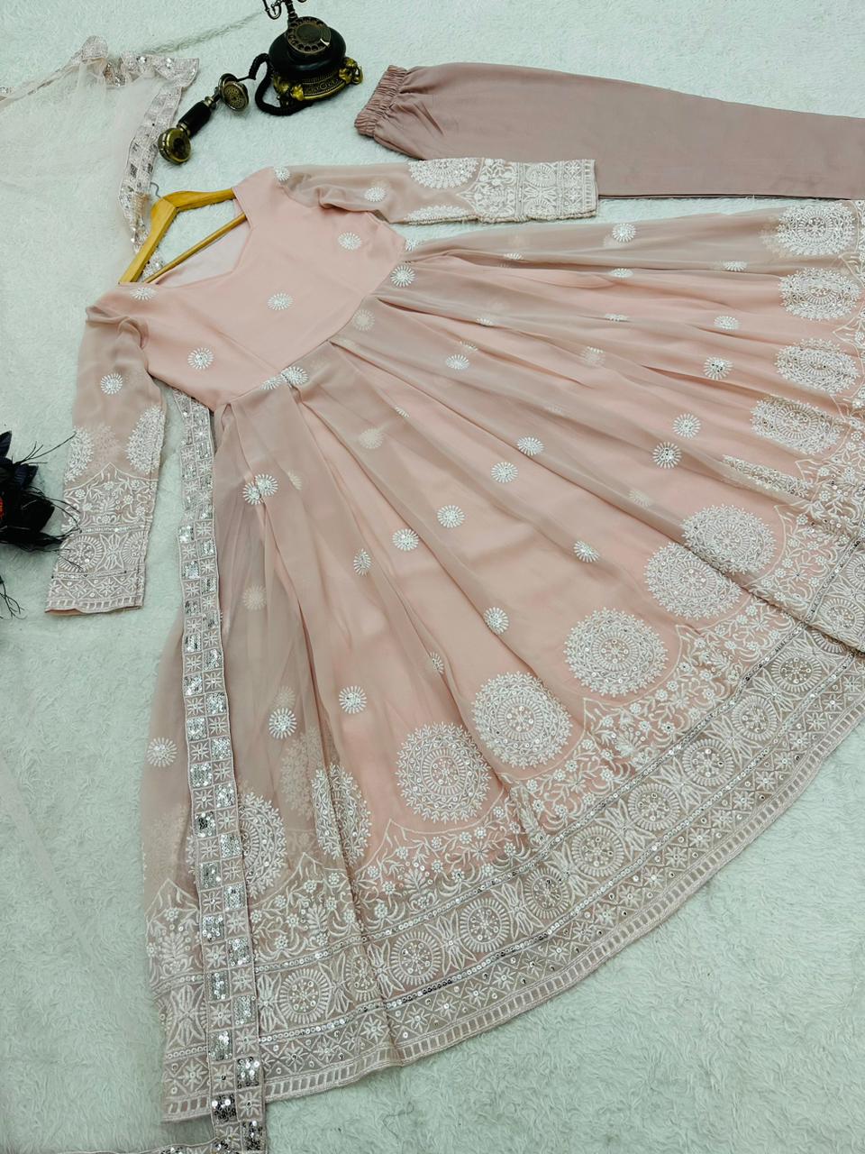 Classic Peach Color Embroidery Work Anarkali Gown by My Store