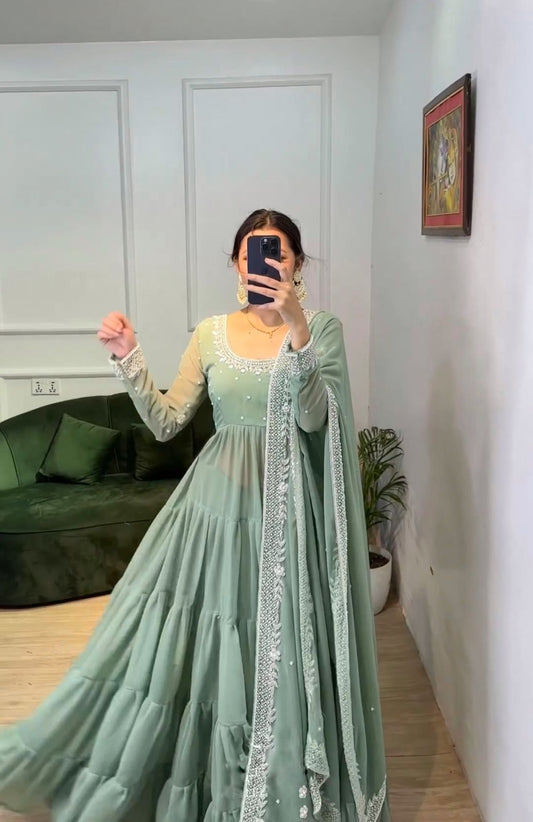 Trendy Pista Green Color Ruffle Style Anarkali Gown by My Store