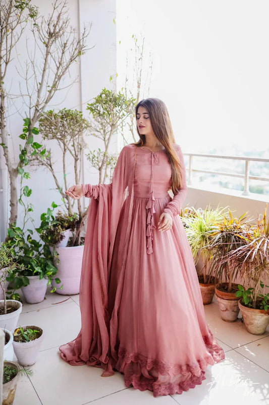 Good Looking Lace Border Dusty Pink Gown With Plain Dupatta by My Store