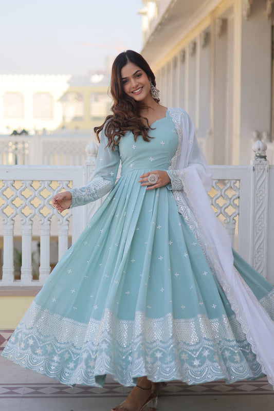 Beautiful Sky Blue Color Embroidery Work Gown With Dupatta by My Store