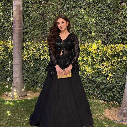 Designer Blazer Style Heavy Work Black Color Top With Lehenga by My Store