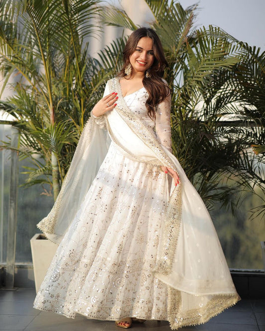 Full Heavy Work White Color Georgette Anarkali Gown by My Store