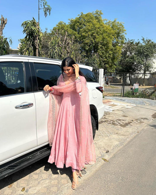Delightful Light Pink Anarkali Gown With Net Dupatta by My Store