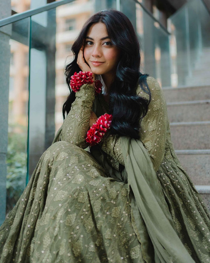 Mehndi Green Color Thread Sequence Work Gown by My Store