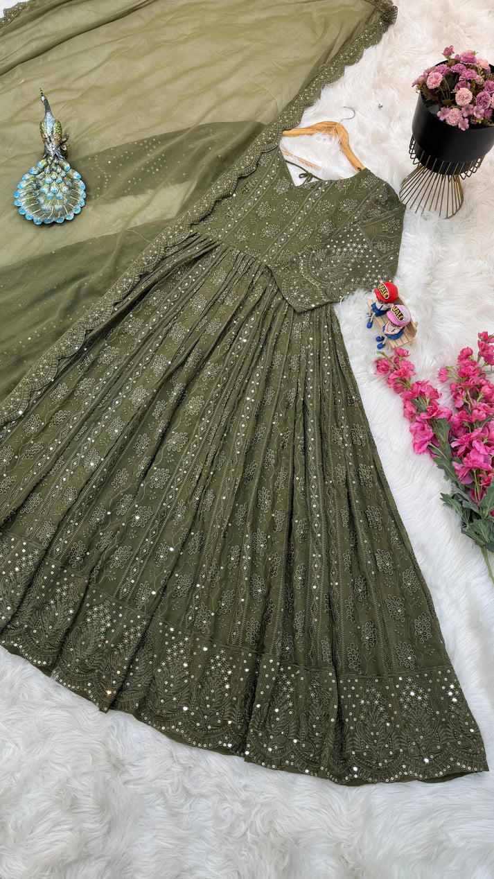 Mehndi Green Color Thread Sequence Work Gown by My Store