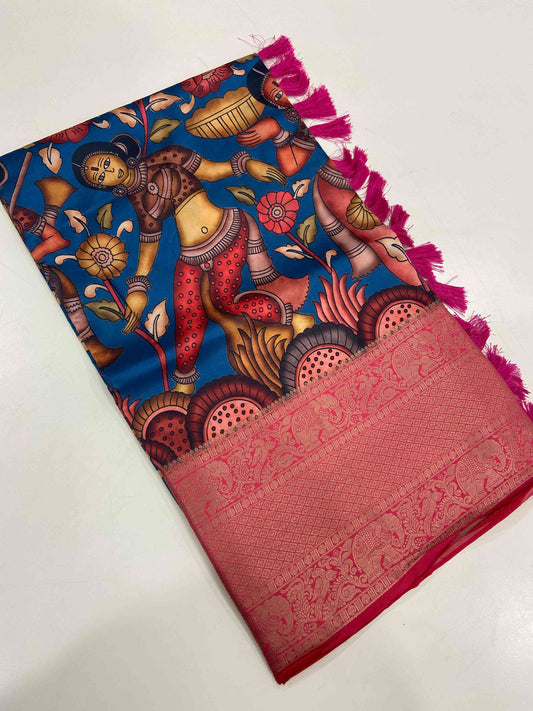 Dark Pen Kalamkari Soft Silk Saree by My Store