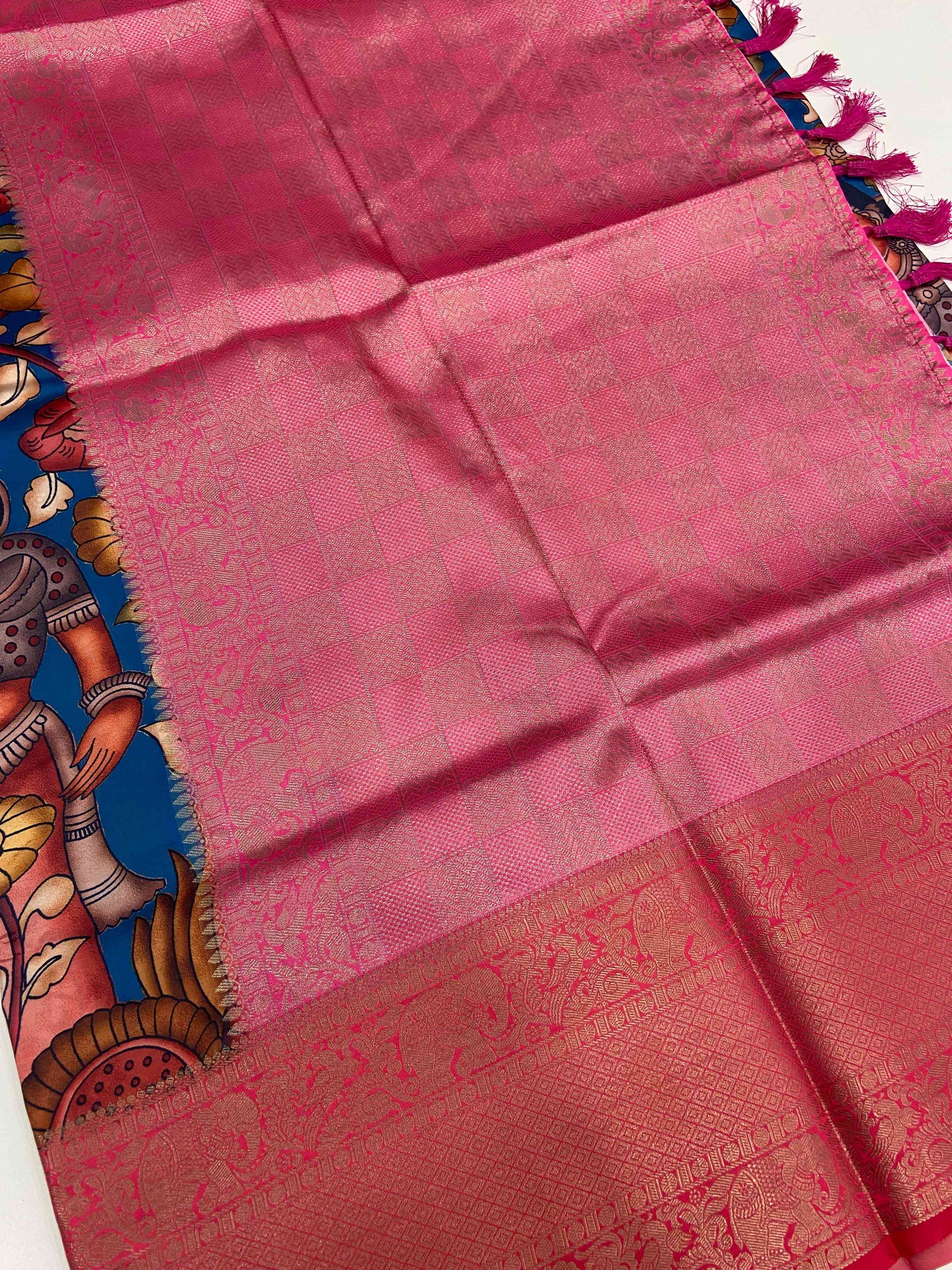 Dark Pen Kalamkari Soft Silk Saree by My Store
