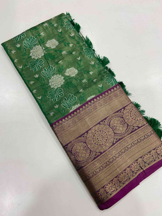 Green One Gram Gold Tissue Silk Saree by My Store