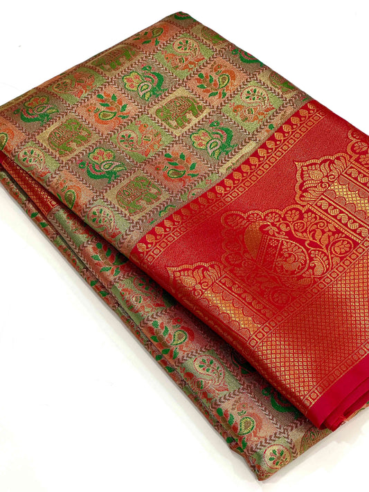 Red Animal Motif Saree With Gold Zari Border by My Store
