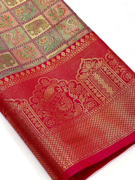 Pink Animal Motif Saree With Gold Zari Border by My Store
