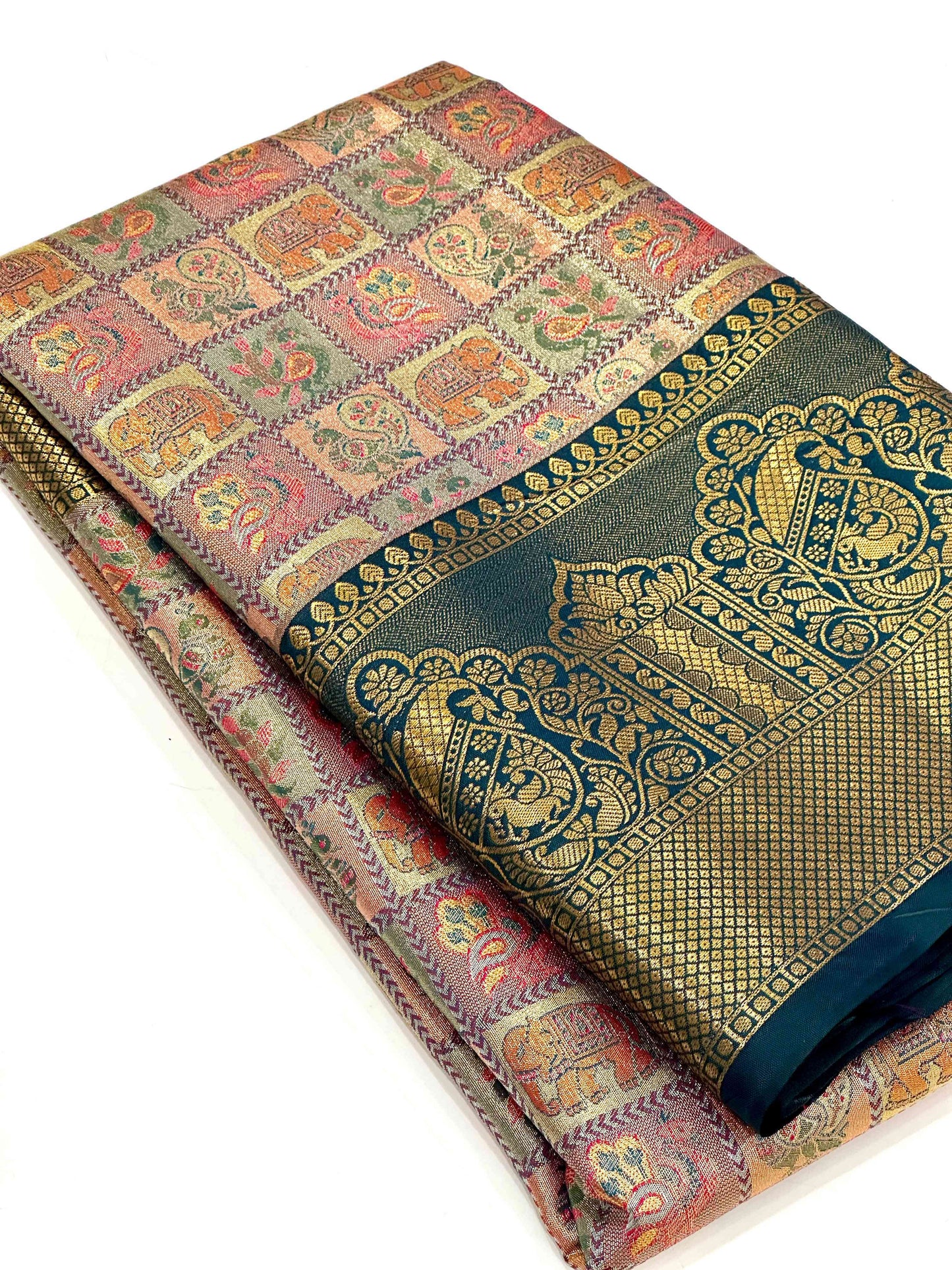 Green Animal Motif Saree With Gold Zari Border by My Store
