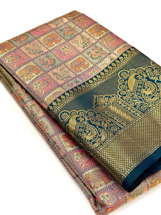 Green Animal Motif Saree With Gold Zari Border by My Store