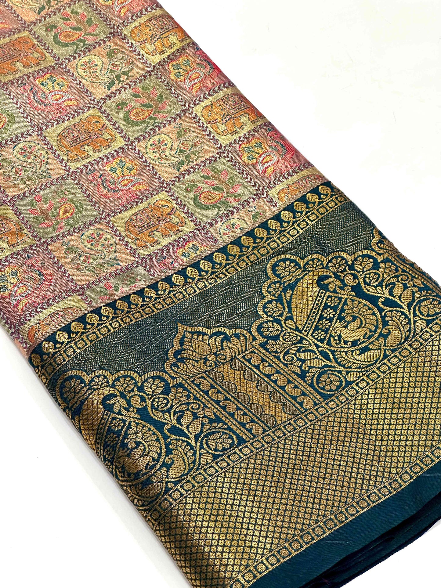 Green Animal Motif Saree With Gold Zari Border by My Store