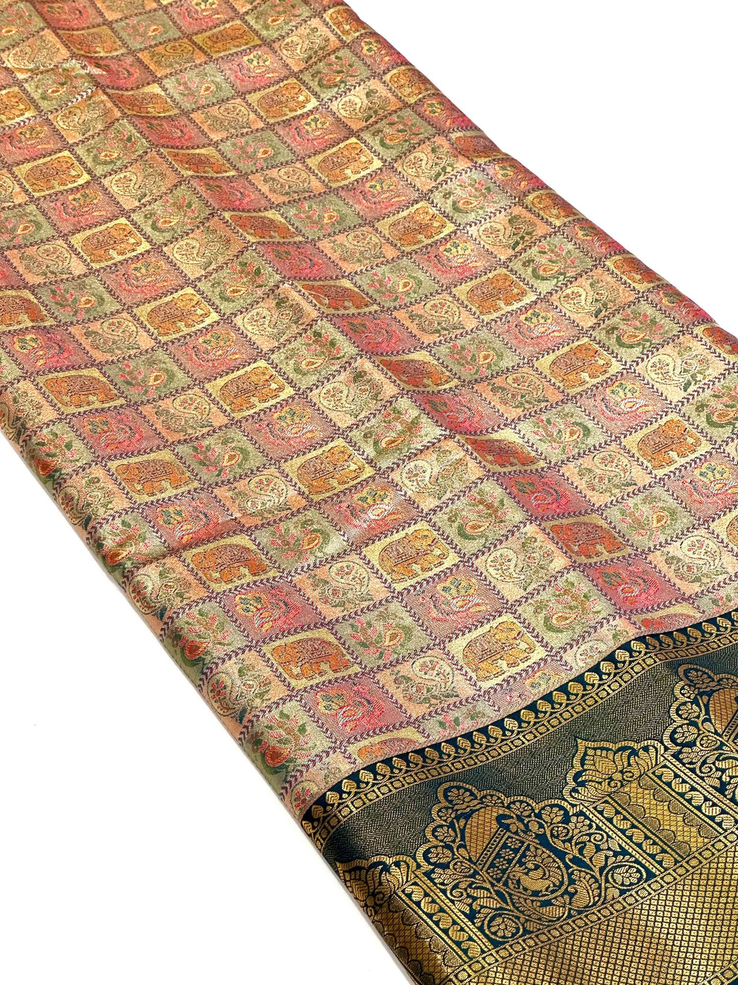Green Animal Motif Saree With Gold Zari Border by My Store