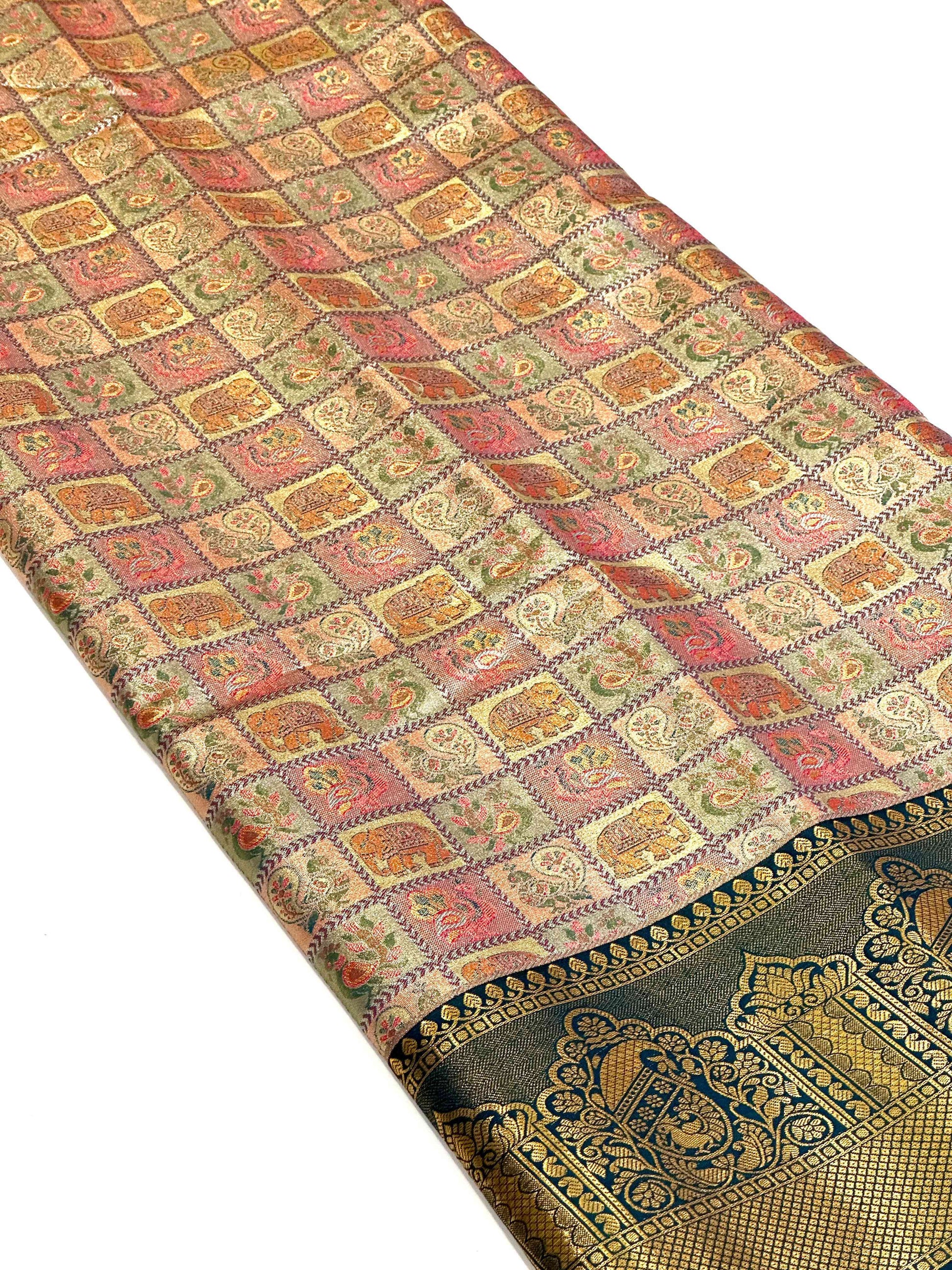 Green Animal Motif Saree With Gold Zari Border by My Store