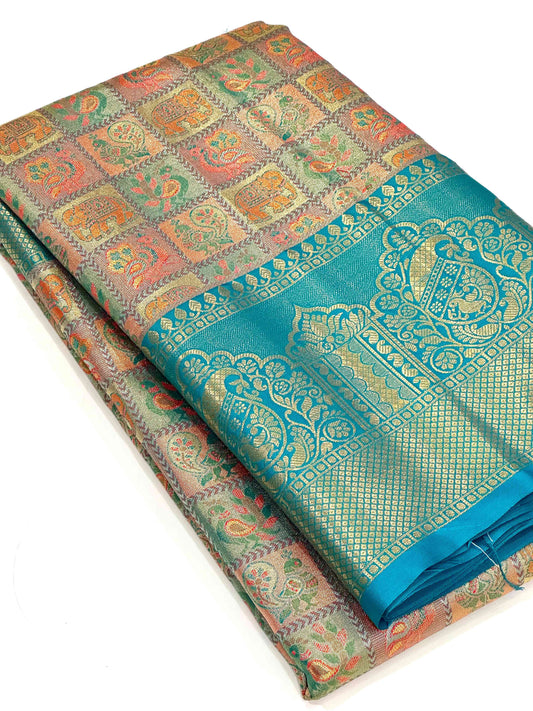 Sky Blue Animal Motif Saree With Gold Zari Border by My Store