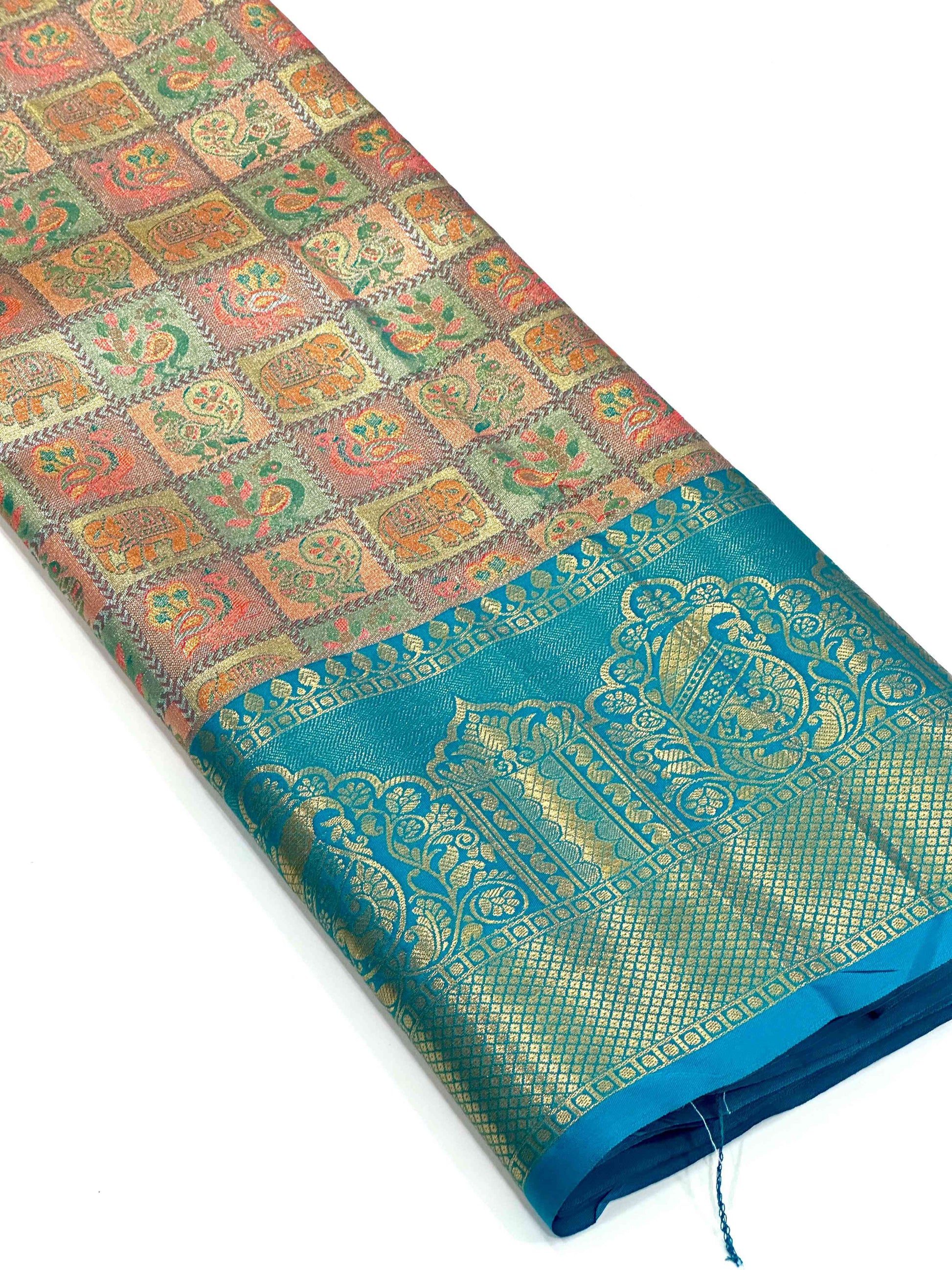Sky Blue Animal Motif Saree With Gold Zari Border by My Store