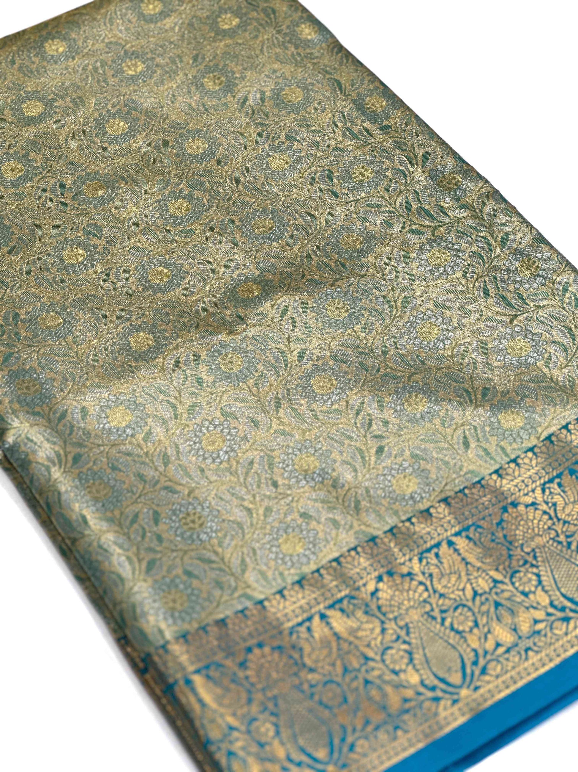 Gold Zari Floral Saree in Rama by My Store