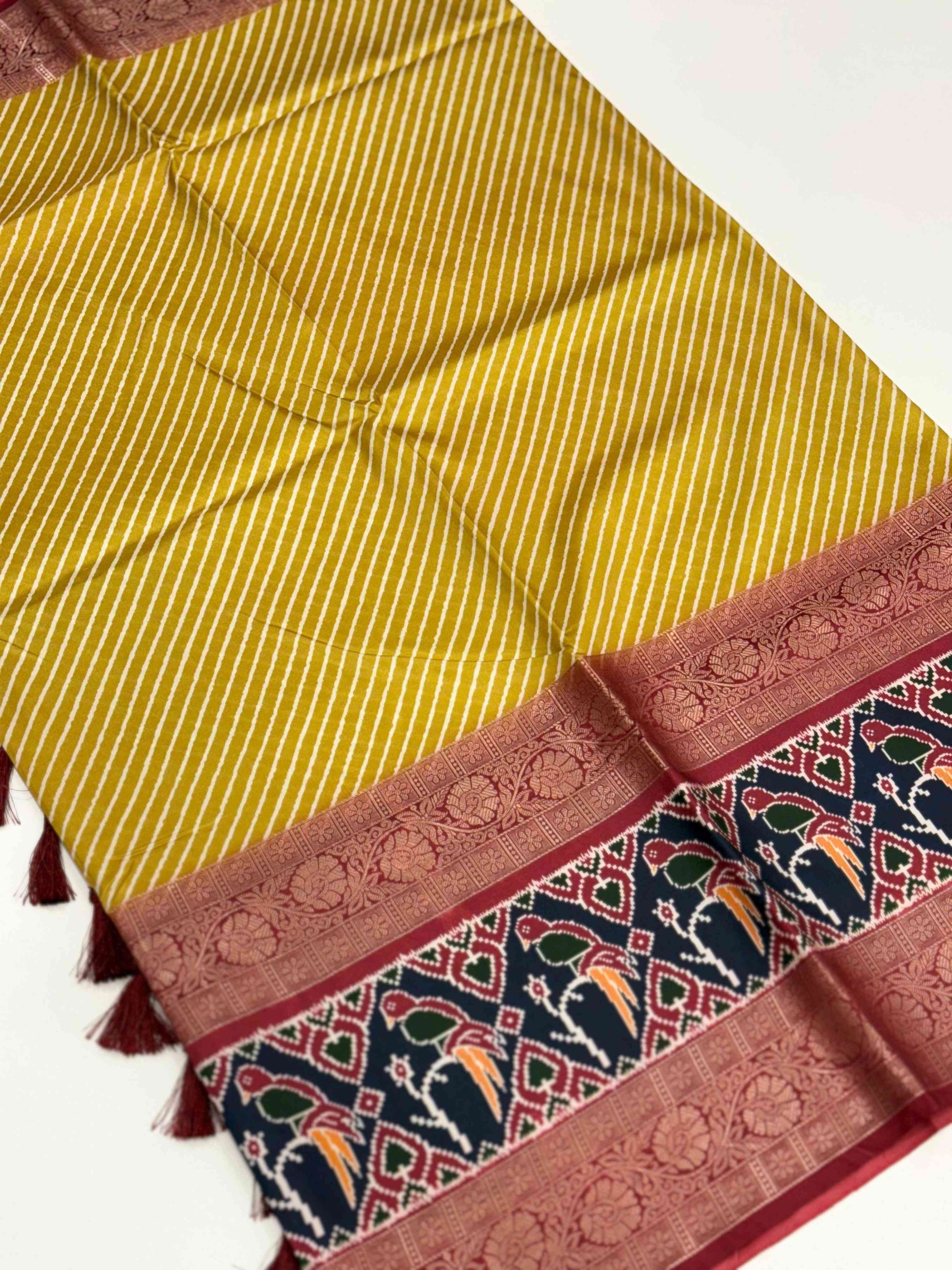 Mustard Silk Blend Lehriya Saree by My Store